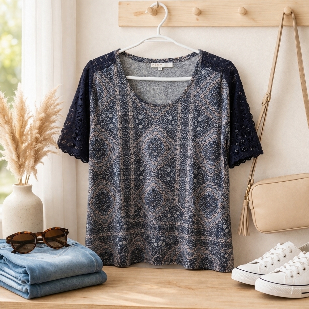 Cleo Navy Blue Boho Print Top Lace Sleeve Short Sleeve Blouse Women’s Size L